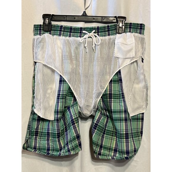 Vintage Speedo Mens Plaid Swim Shorts Green & Blue Elastic Waist XL - Picture 10 of 11